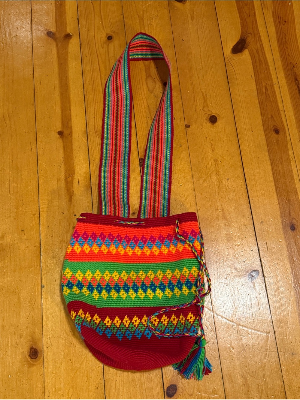 Handmade Multi Color 13" Shoulder Bag Drawstring Closure Boho Style